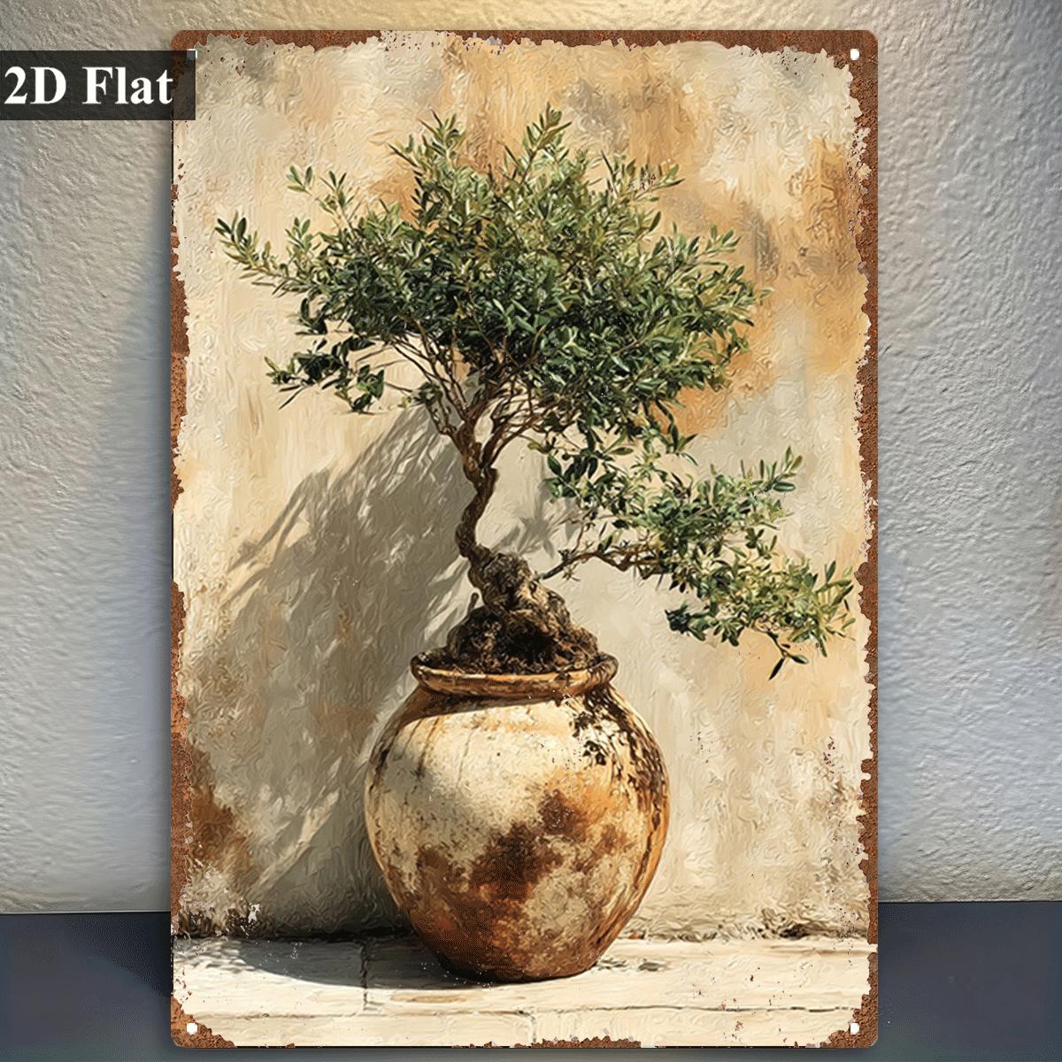 Bonsai Garden Wall - ヴィンテージメタルティンサイン鉢植えオリーブ盆栽油絵プリント壁飾り農場バルコニーガーデンウォールアート用
