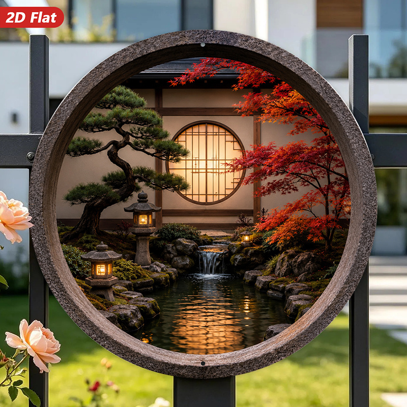 Bonsai Garden Wall - 2Dフラット、1枚の丸い金属製サインウォールアート、日本の庭園風景のホームデコレーション、盆栽、赤い楓、提灯、滝、アイデア付き