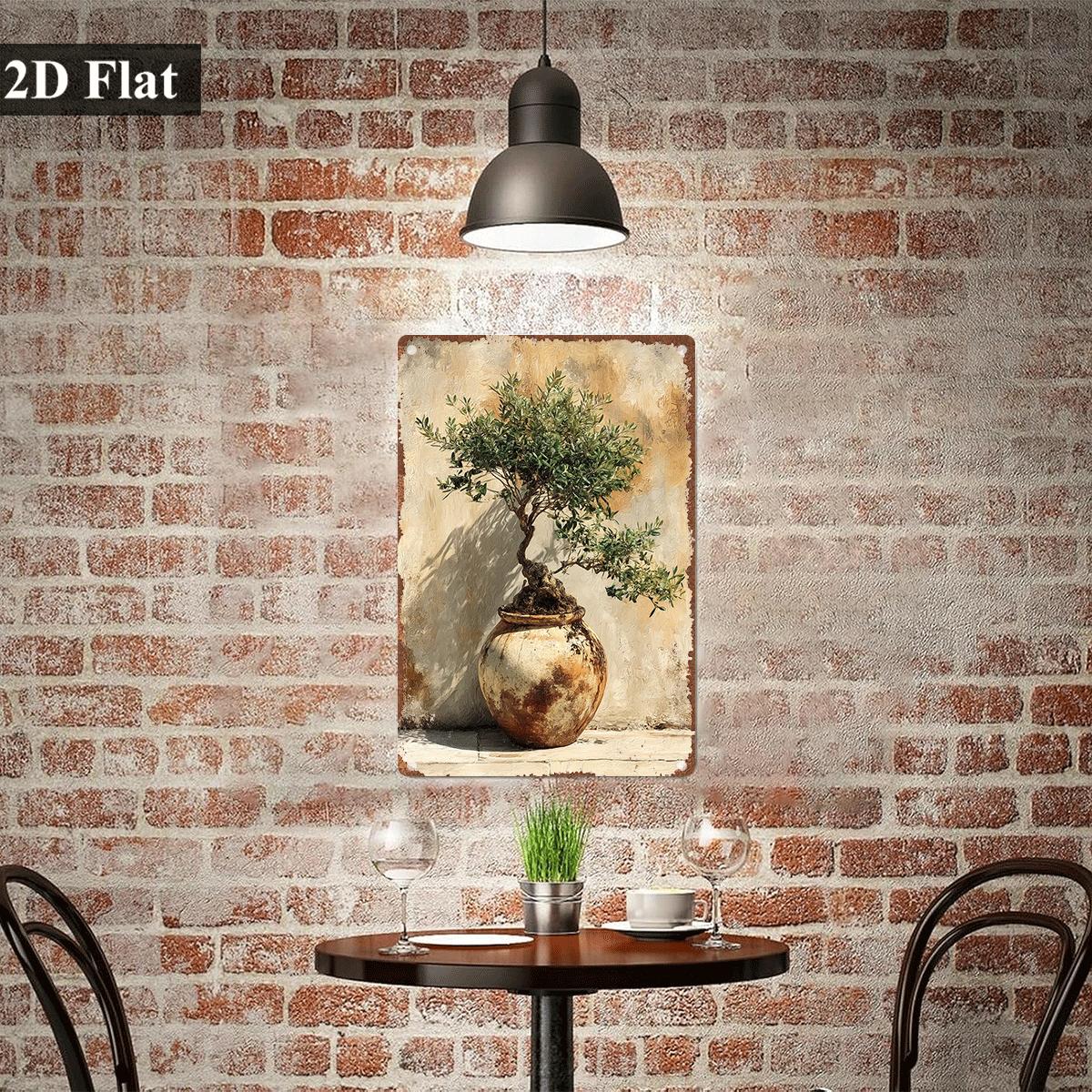 ヴィンテージメタルティンサイン鉢植えオリーブ盆栽油絵プリント - Bonsai Garden Wall のレビューと価格