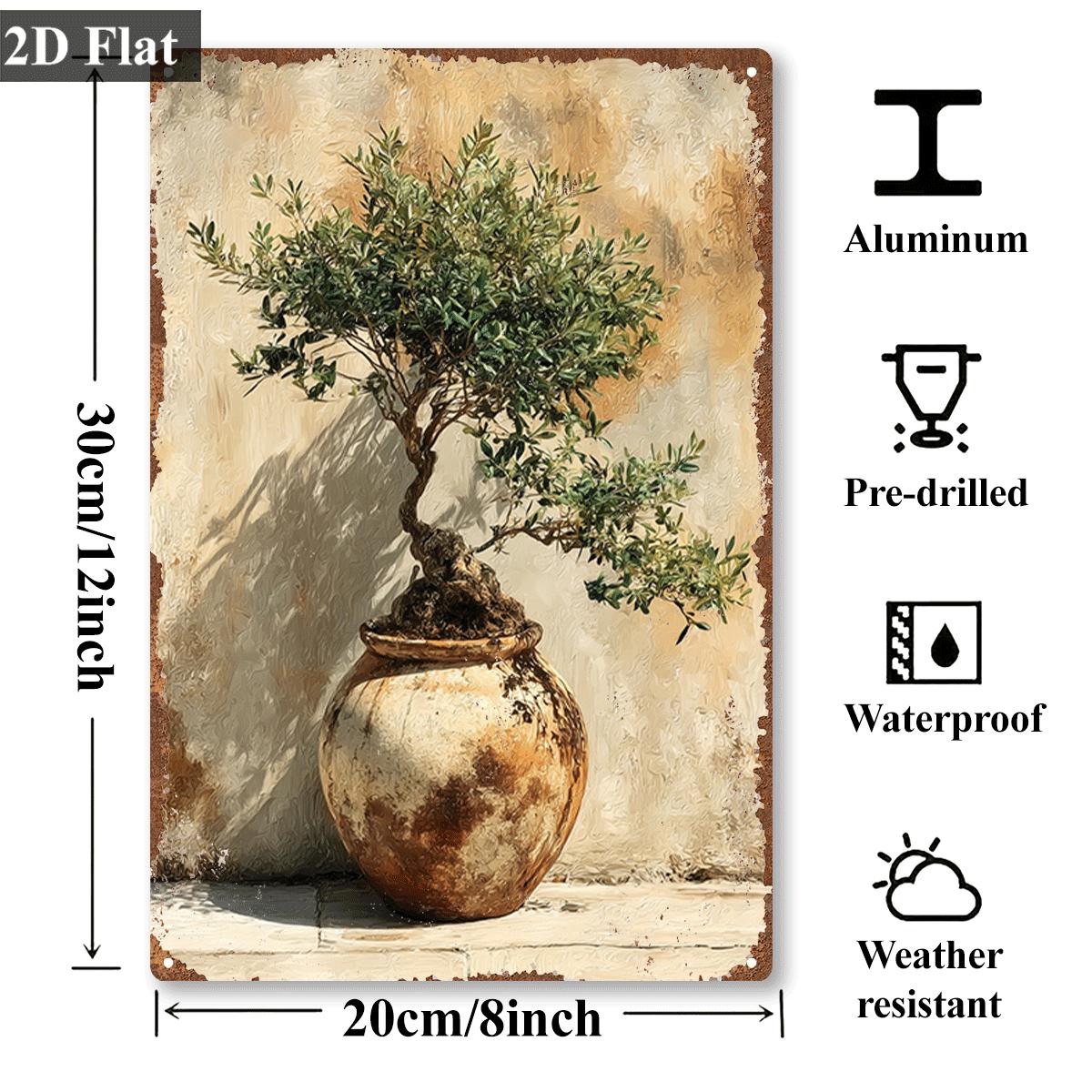 ヴィンテージメタルティンサイン鉢植えオリーブ盆栽油絵プリント - Bonsai Garden Wall のレビューと価格