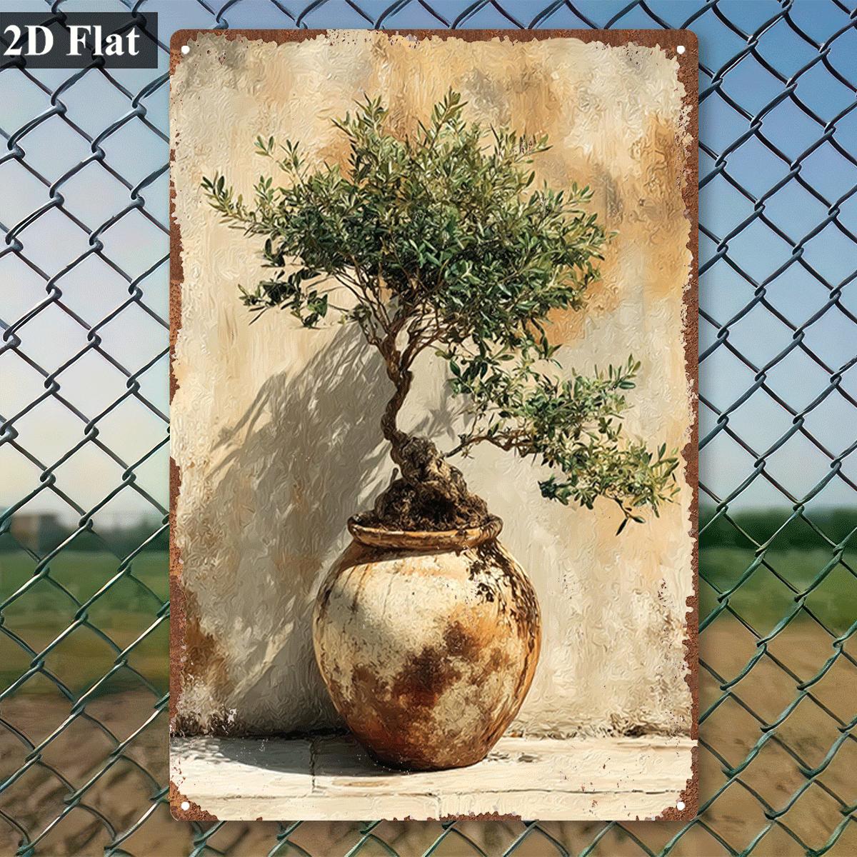 ヴィンテージメタルティンサイン鉢植えオリーブ盆栽油絵プリント - Bonsai Garden Wall のレビューと価格