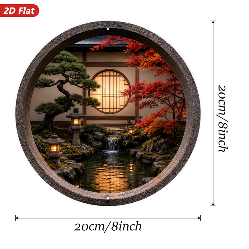 2Dフラット、1枚の丸い金属製サインウォールアート、日本の庭 - Bonsai Garden Wall のレビューと価格