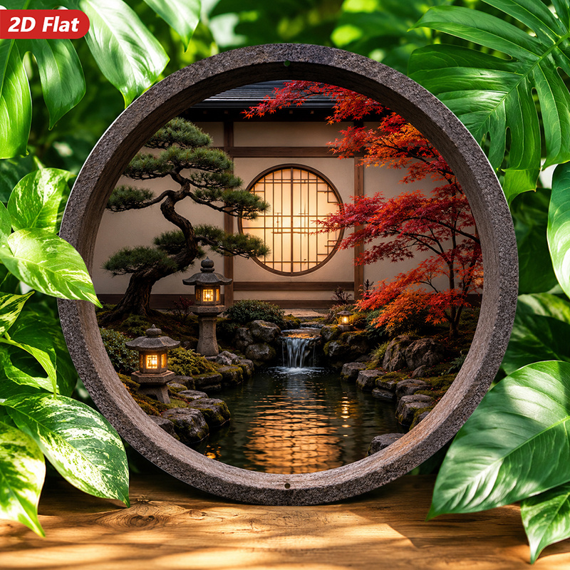 2Dフラット、1枚の丸い金属製サインウォールアート、日本の庭 - Bonsai Garden Wall のレビューと価格